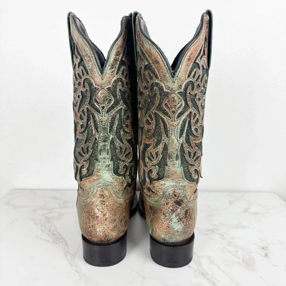 J.B. Dillon Green Bronze Metallic Glitter Cutout Cowboy Boots Sz 10C - Picture 5 of 13